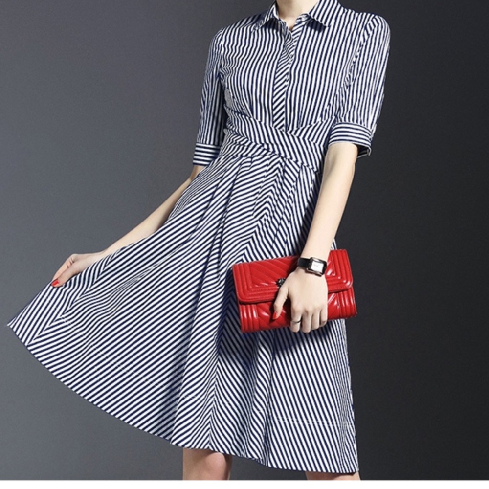 NWT Metisu Blue/ White Nautical Stripe Wrap Bow Dress, size Medium